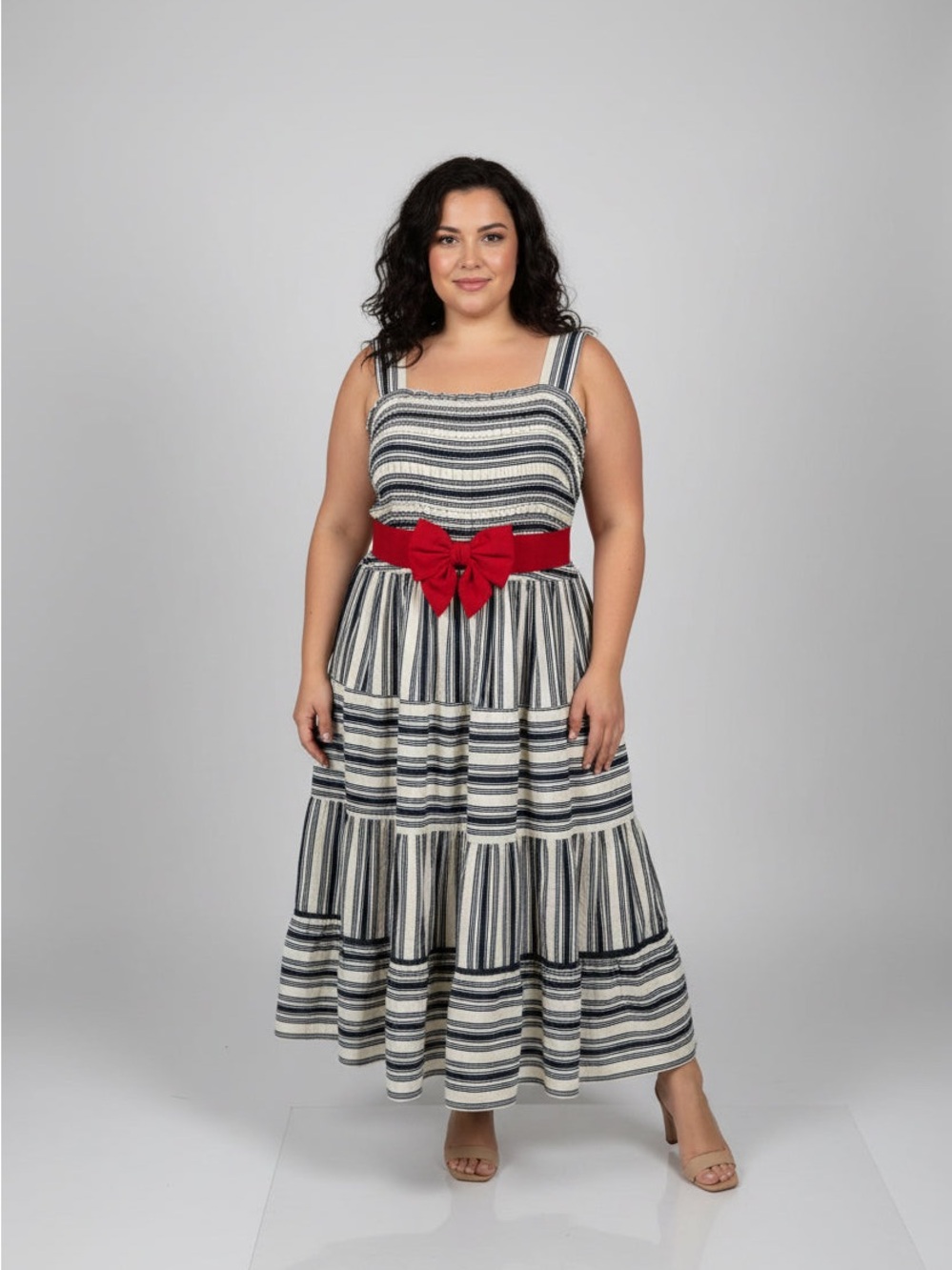 Terra & Sky Navy and White Striped Maxi with Red Bow Belt